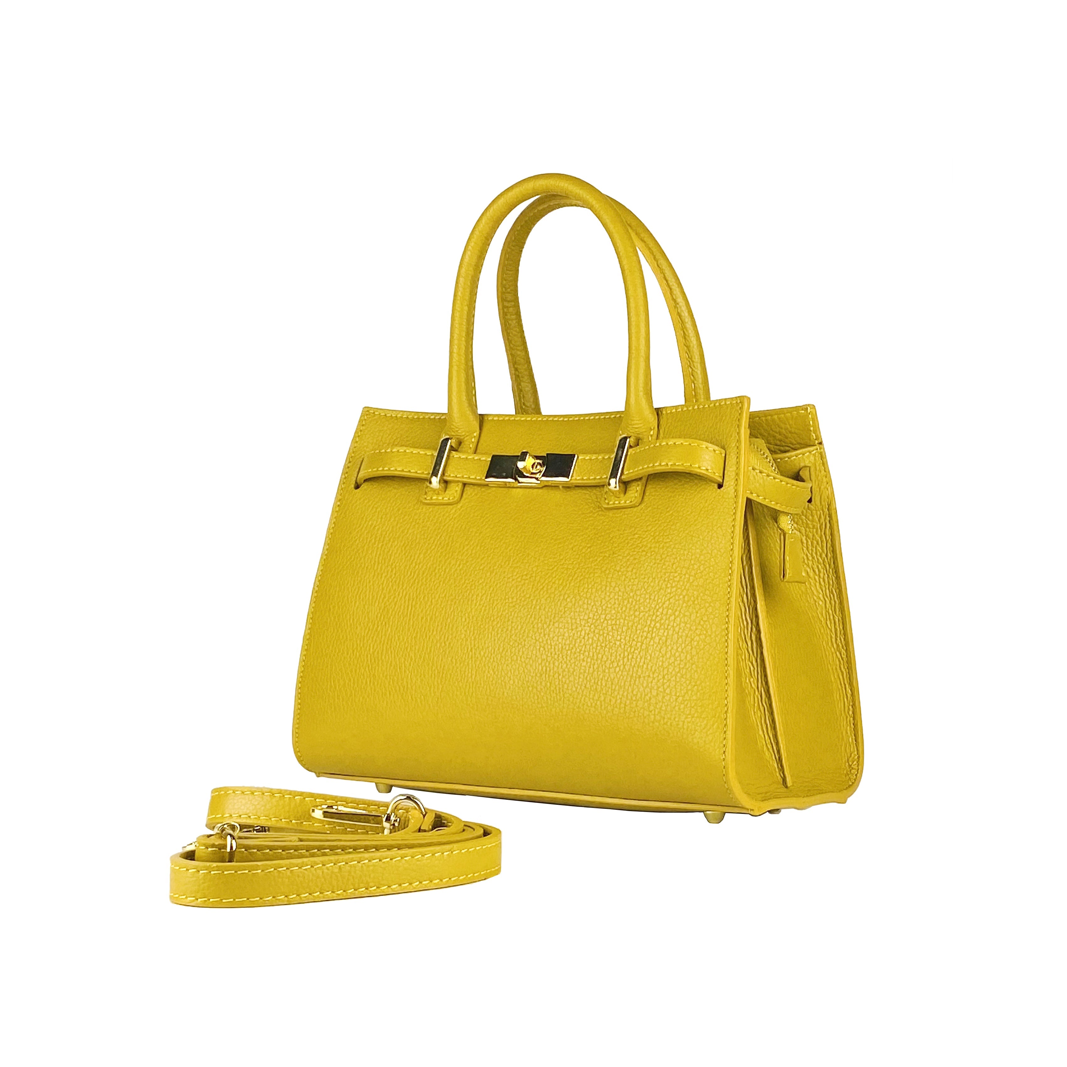 RB1016AR | Women's Genuine Leather Handbag Made in Italy with Removable Shoulder Strap. Attachments with Shiny Gold Metal Snap Hooks - Mustard Color - Dimensions: 28 x 20 x 14 + 12.5 cm