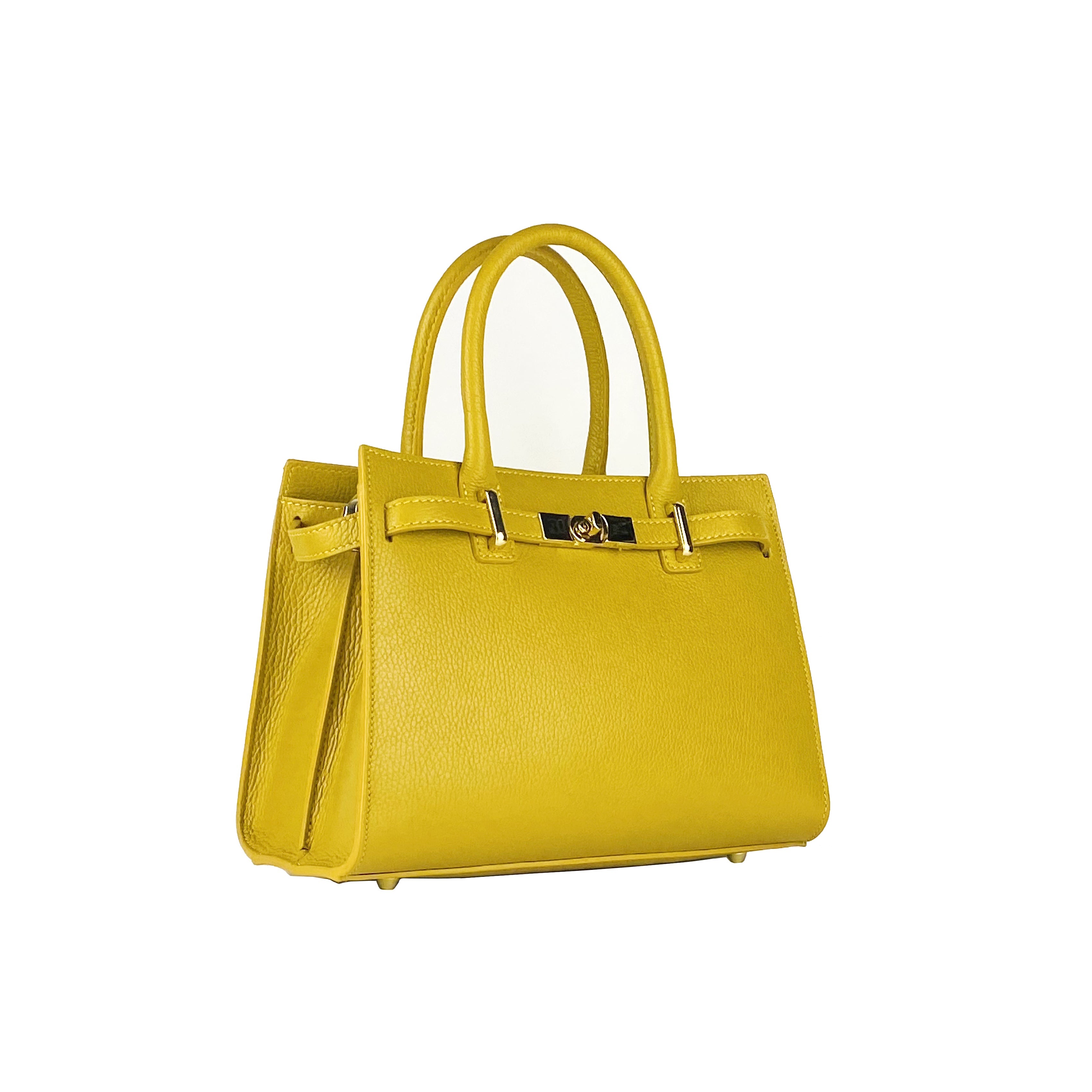 RB1016AR | Women's Genuine Leather Handbag Made in Italy with Removable Shoulder Strap. Attachments with Shiny Gold Metal Snap Hooks - Mustard Color - Dimensions: 28 x 20 x 14 + 12.5 cm