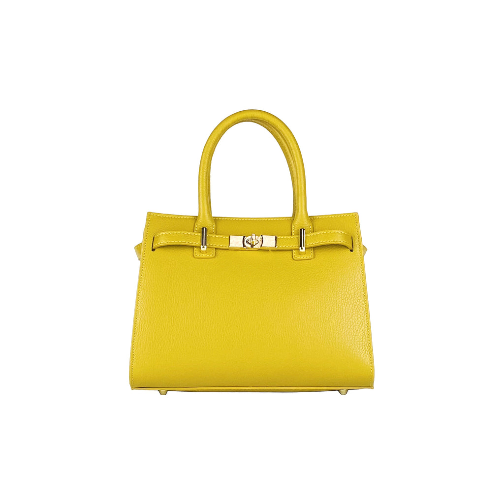 RB1016AR | Women's Genuine Leather Handbag Made in Italy with Removable Shoulder Strap. Attachments with Shiny Gold Metal Snap Hooks - Mustard Color - Dimensions: 28 x 20 x 14 + 12.5 cm