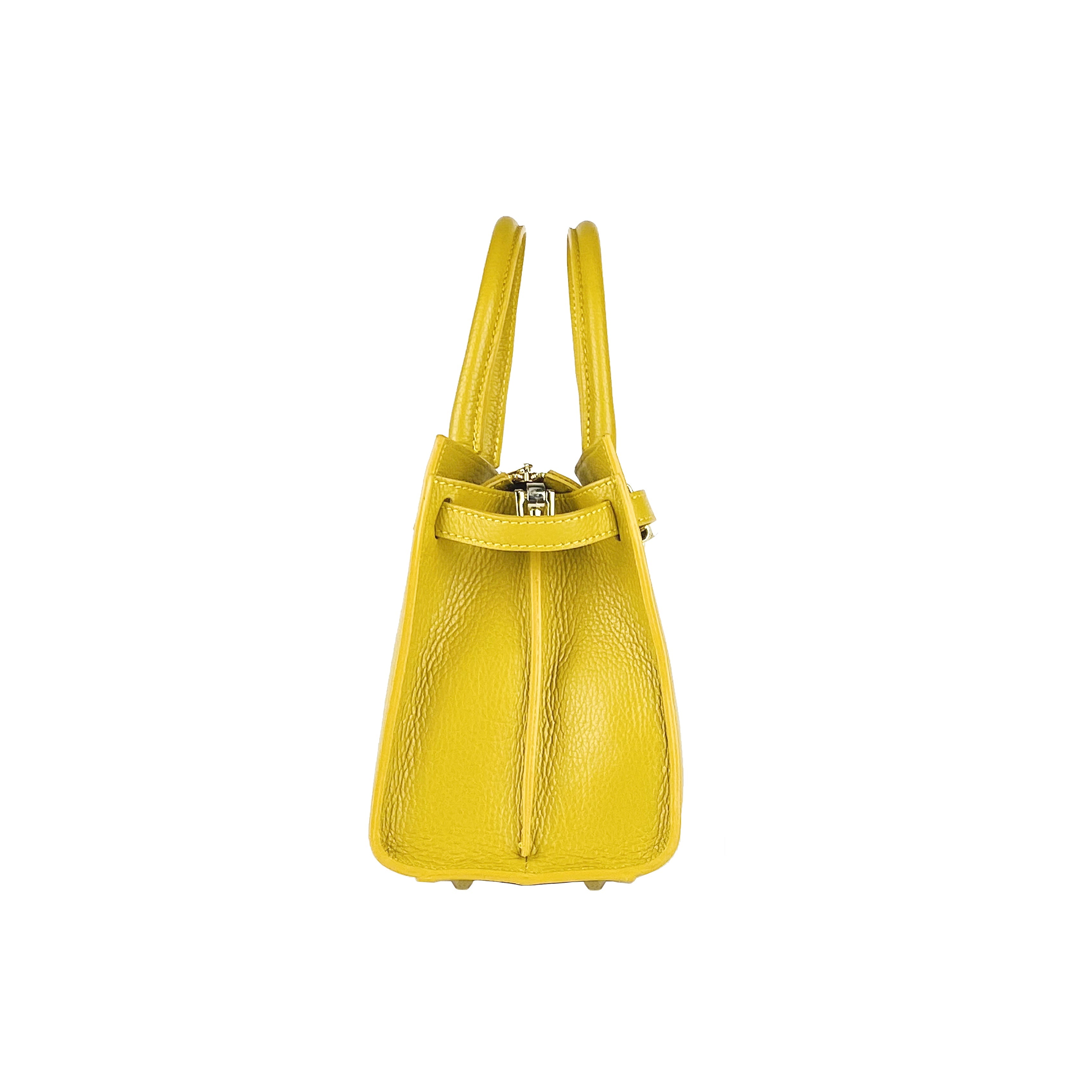 RB1016AR | Women's Genuine Leather Handbag Made in Italy with Removable Shoulder Strap. Attachments with Shiny Gold Metal Snap Hooks - Mustard Color - Dimensions: 28 x 20 x 14 + 12.5 cm